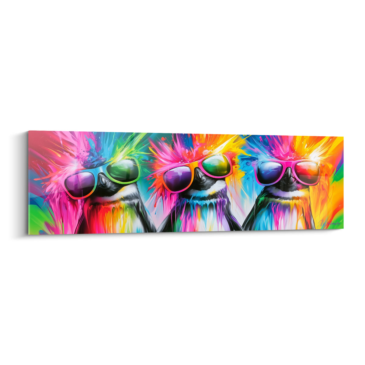 Trois pingouins aux lunettes fuchsia, turquoise et jaune devant un fond d'éclaboussures multicolores explosives