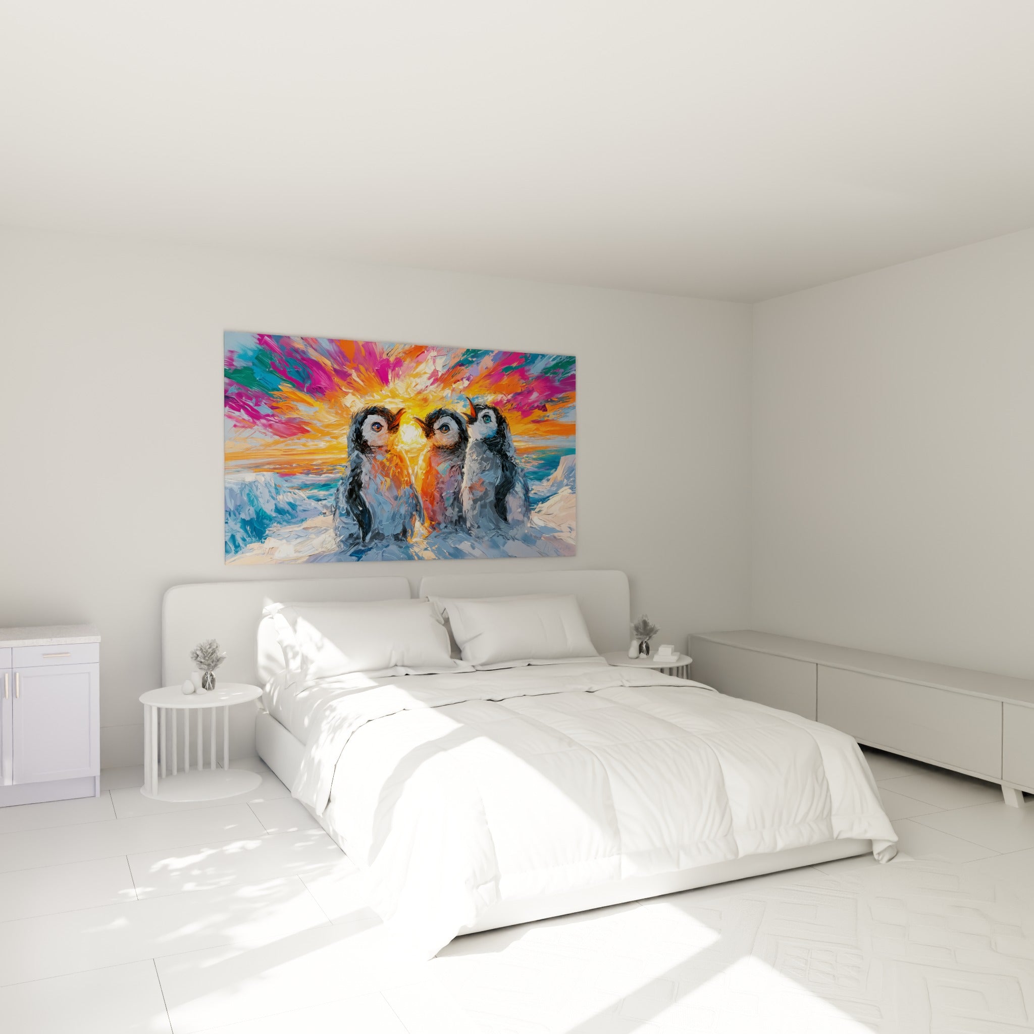 Manchots serrés devant un soleil doré et rose, œuvre accrochée au-dessus d'un lit dans une chambre claire