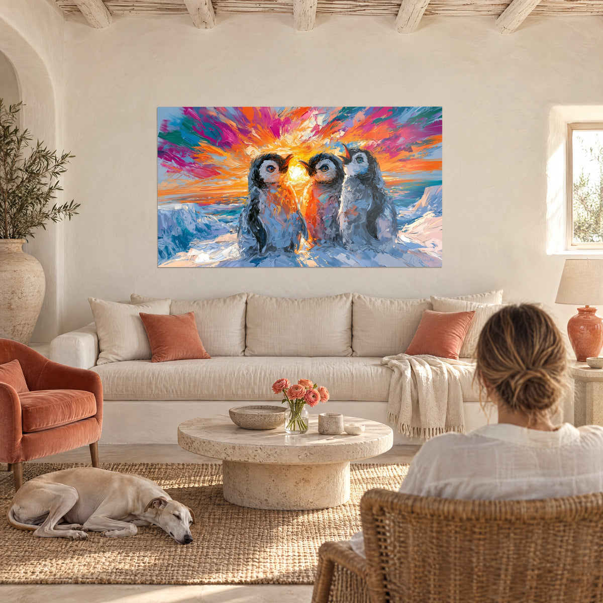 Tableau trois manchots aux yeux bleus face à un soleil orange, ciel rose et turquoise, au-dessus d'un canapé dans un salon lumineux