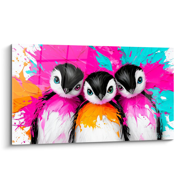 Tableau Trio de pingouins roses et fuchsia yeux vairons - Éclaboussures acidulées - Edition Pingouin