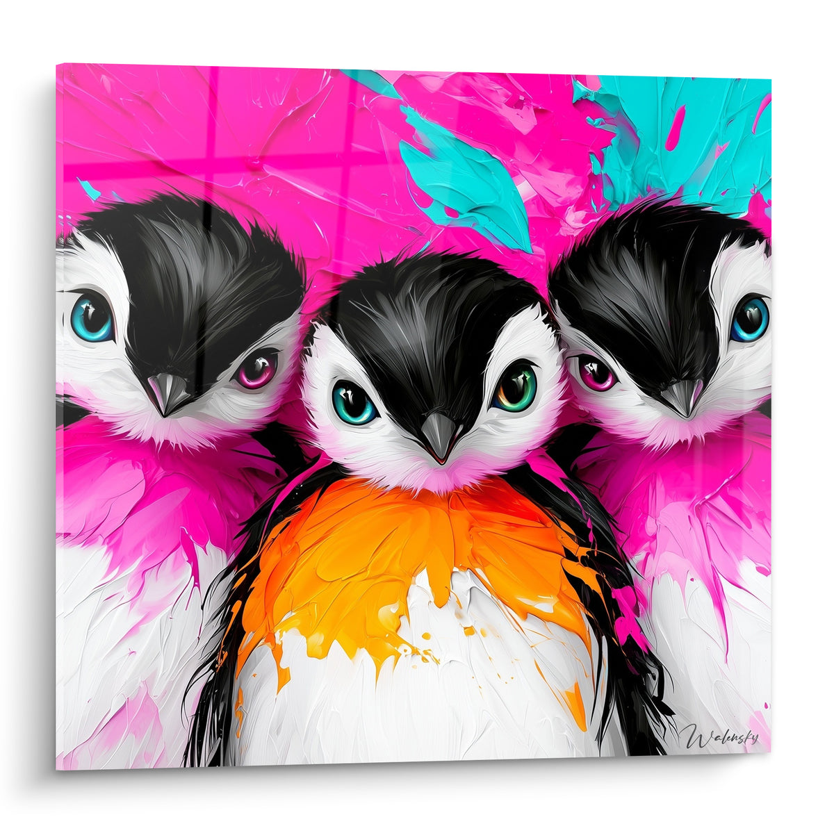 Trois pingouins aux yeux bleu, vert et violet sur fond rose fuchsia et turquoise éclaté