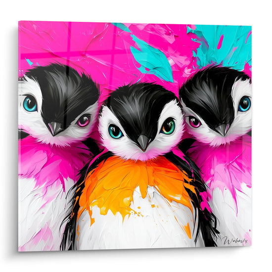 Trois pingouins aux yeux bleu, vert et violet sur fond rose fuchsia et turquoise éclaté