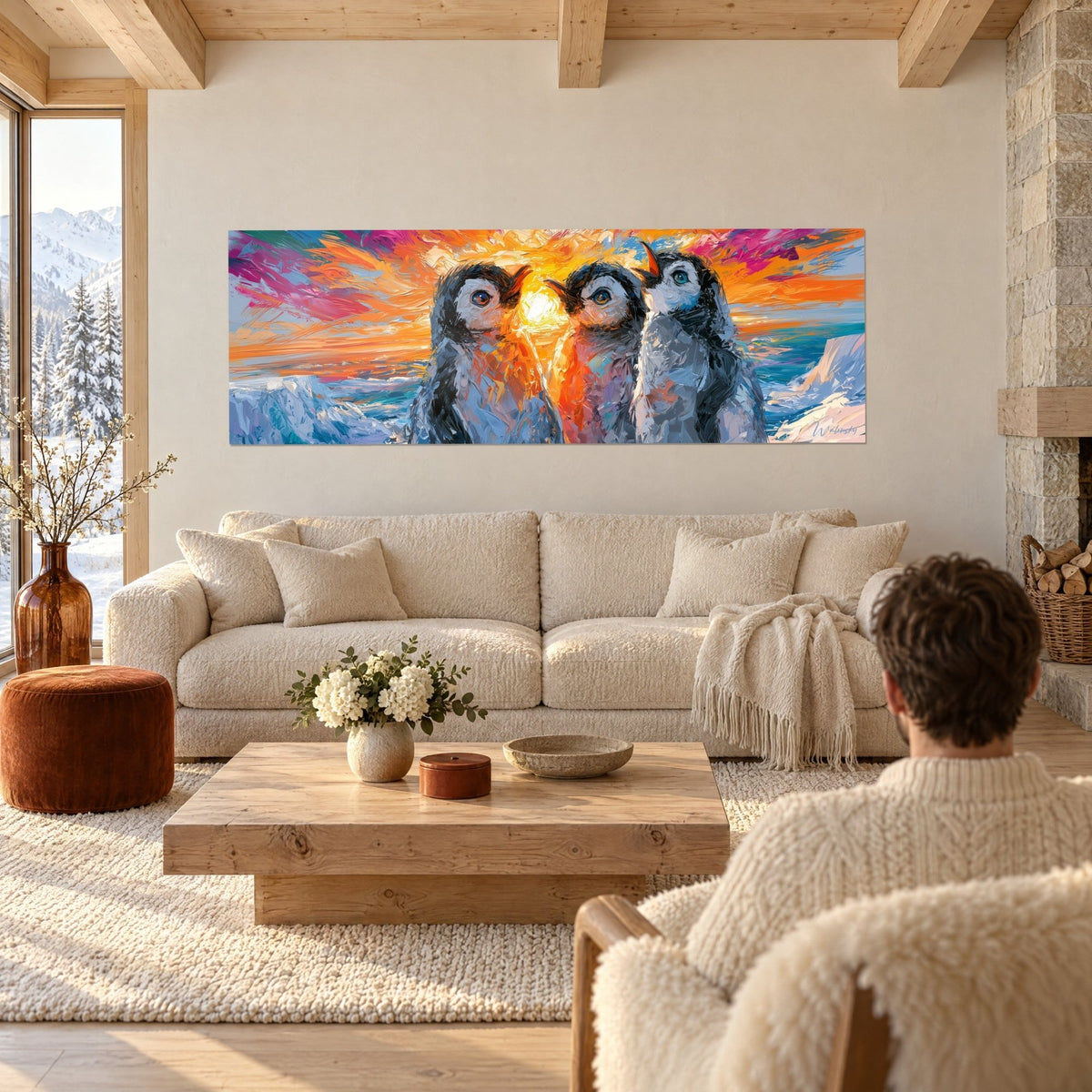 Gemälde drei Pinguine mit runden Augen vor der orangefarbenen Sonne, Spachtelstriche in Rosa und Blau, über einem Sofa in einem hellen Wohnzimmer