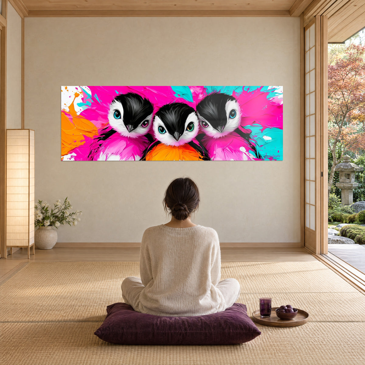 Schilderij drie speelse pinguïns, oranje buikjes en fuchsia veren op turquoise achtergrond, tegenover een vrouw die op een pruimkleurig kussen zit