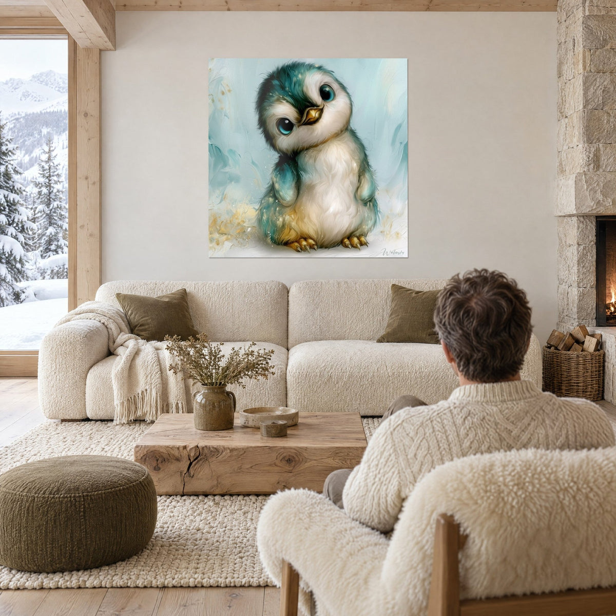 Gemälde Pinguinbaby mit schräg geneigtem Kopf, entenblaues und cremefarbenes Gefieder, blasser türkisfarbener Hintergrund, über einem Sofa in einem hellen Wohnzimmer