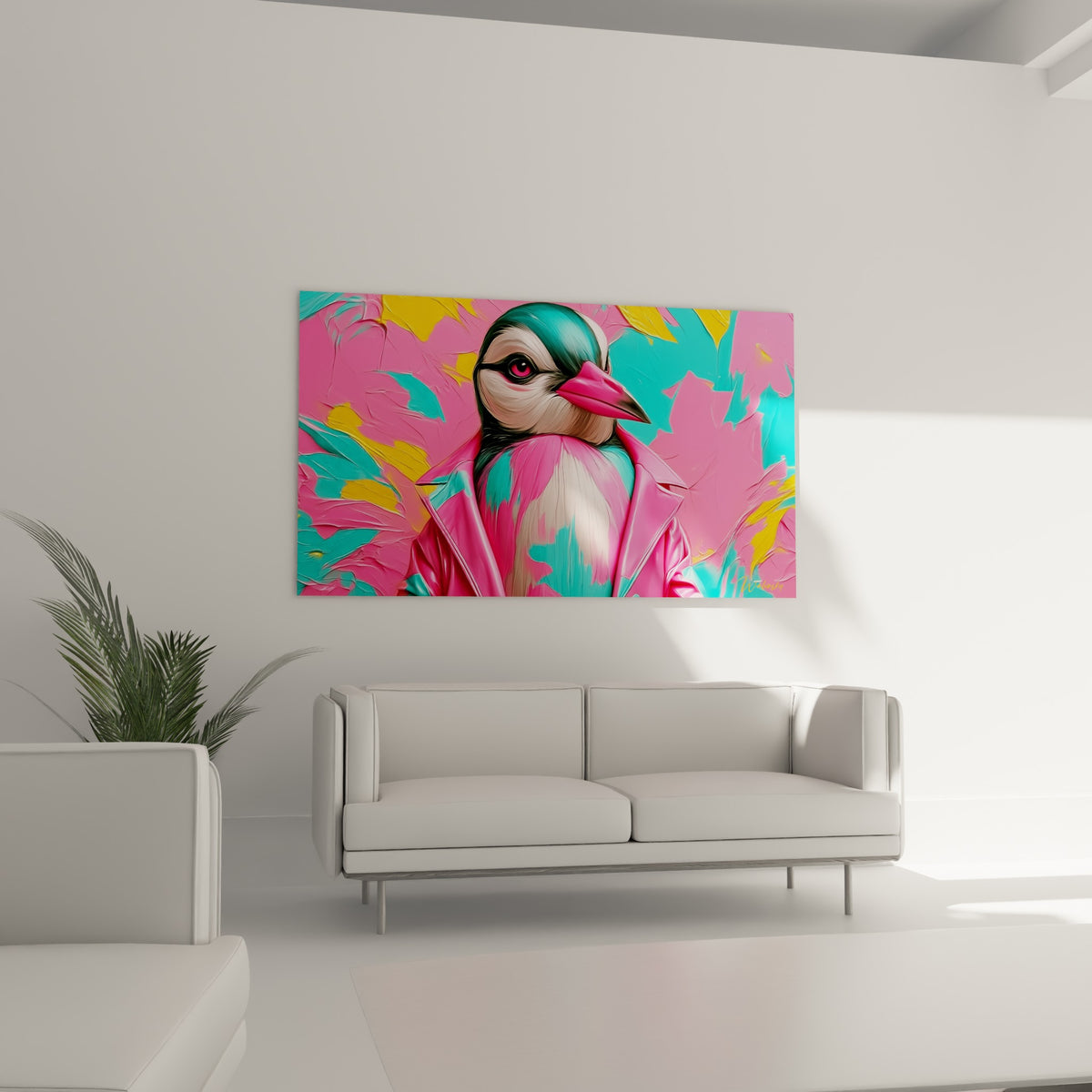 Pingouin stylisé en cuir rose vif et turquoise suspendu au-dessus d'un canapé dans un salon lumineux
