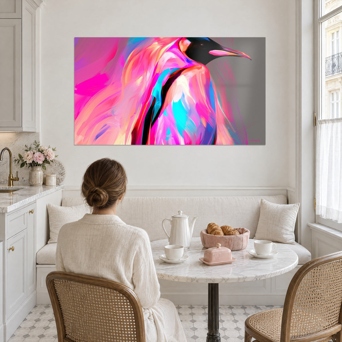 Tableau pingouin en peinture numérique rose vif et turquoise, bec effilé, accroché au-dessus d'une banquette dans une cuisine