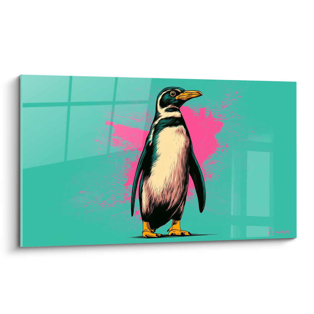 Pingouin noir et blanc au bec jaune, fond turquoise éclaboussé de rose fuchsia