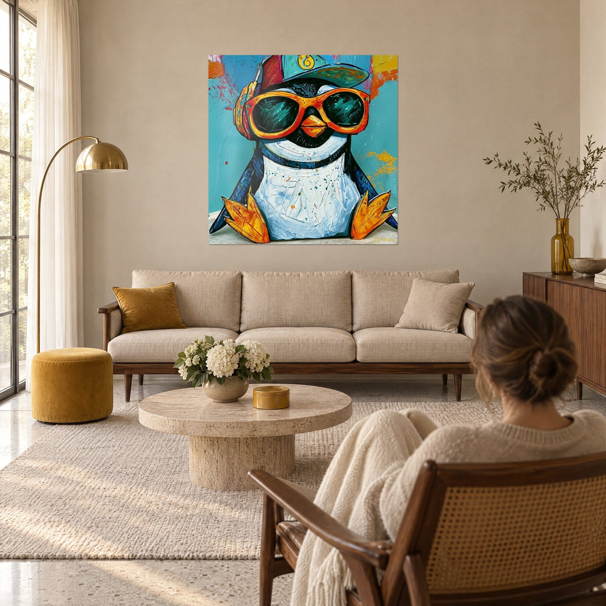 Tableau pingouin à casquette turquoise et lunettes orange, fond bleu éclaboussé, femme de dos au-dessus d'un canapé dans un salon lumineux
