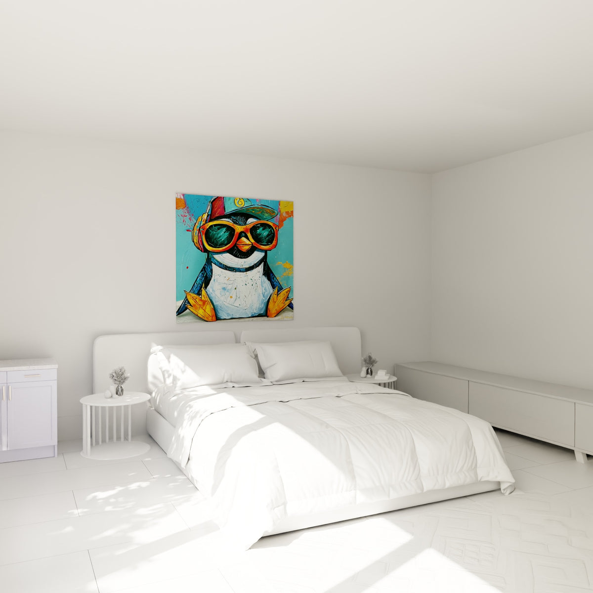 Personnage pingouin orange et turquoise aux lunettes vives, accroché au-dessus d'un lit dans une chambre claire