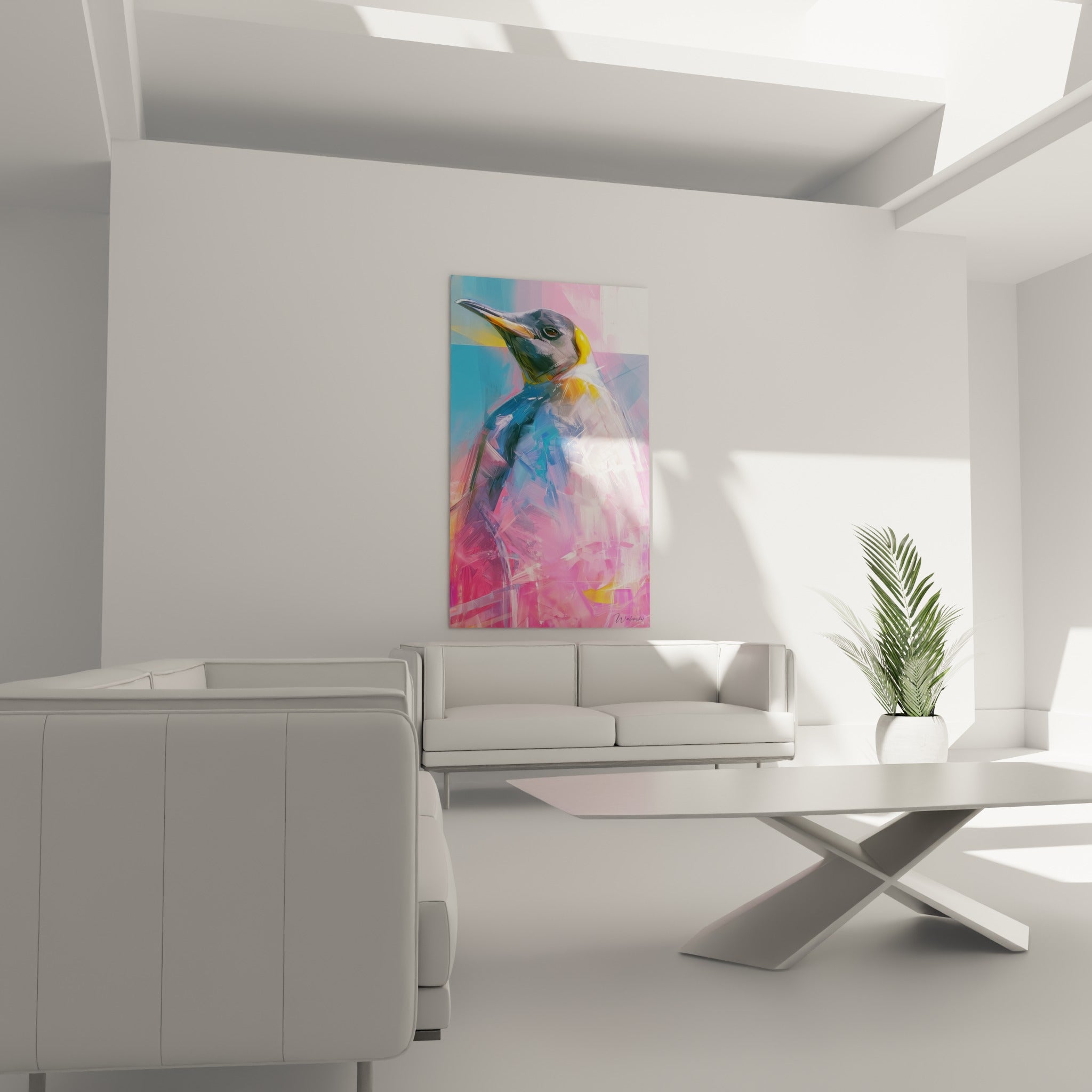 Silhouette de pingouin bleu turquoise et rose bonbon, bec argenté, au-dessus d'un canapé dans un salon lumineux