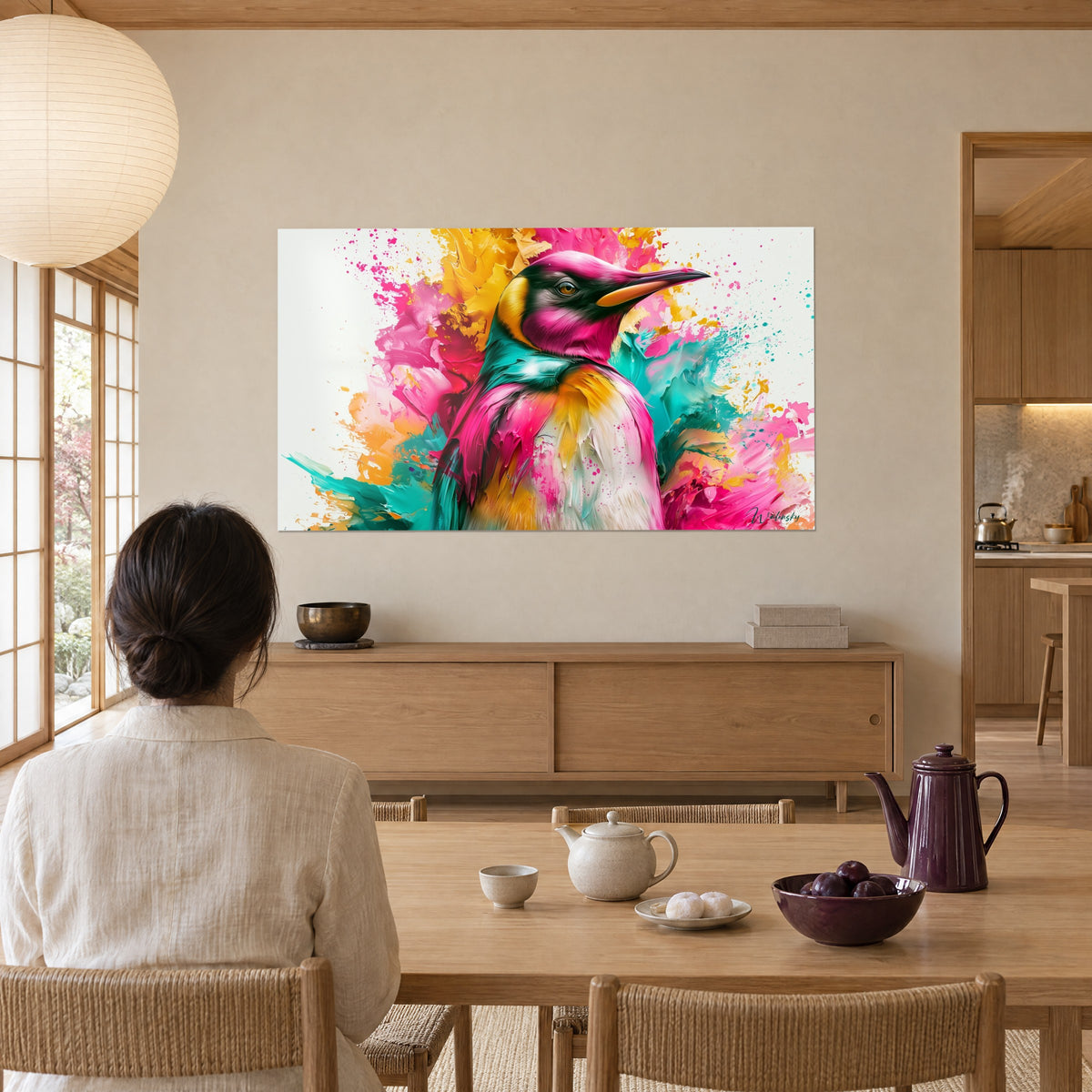 Tableau portrait de manchot en coups de spatule roses et turquoise, fond blanc taché d'orange, deux femmes de dos près d'une table japandi