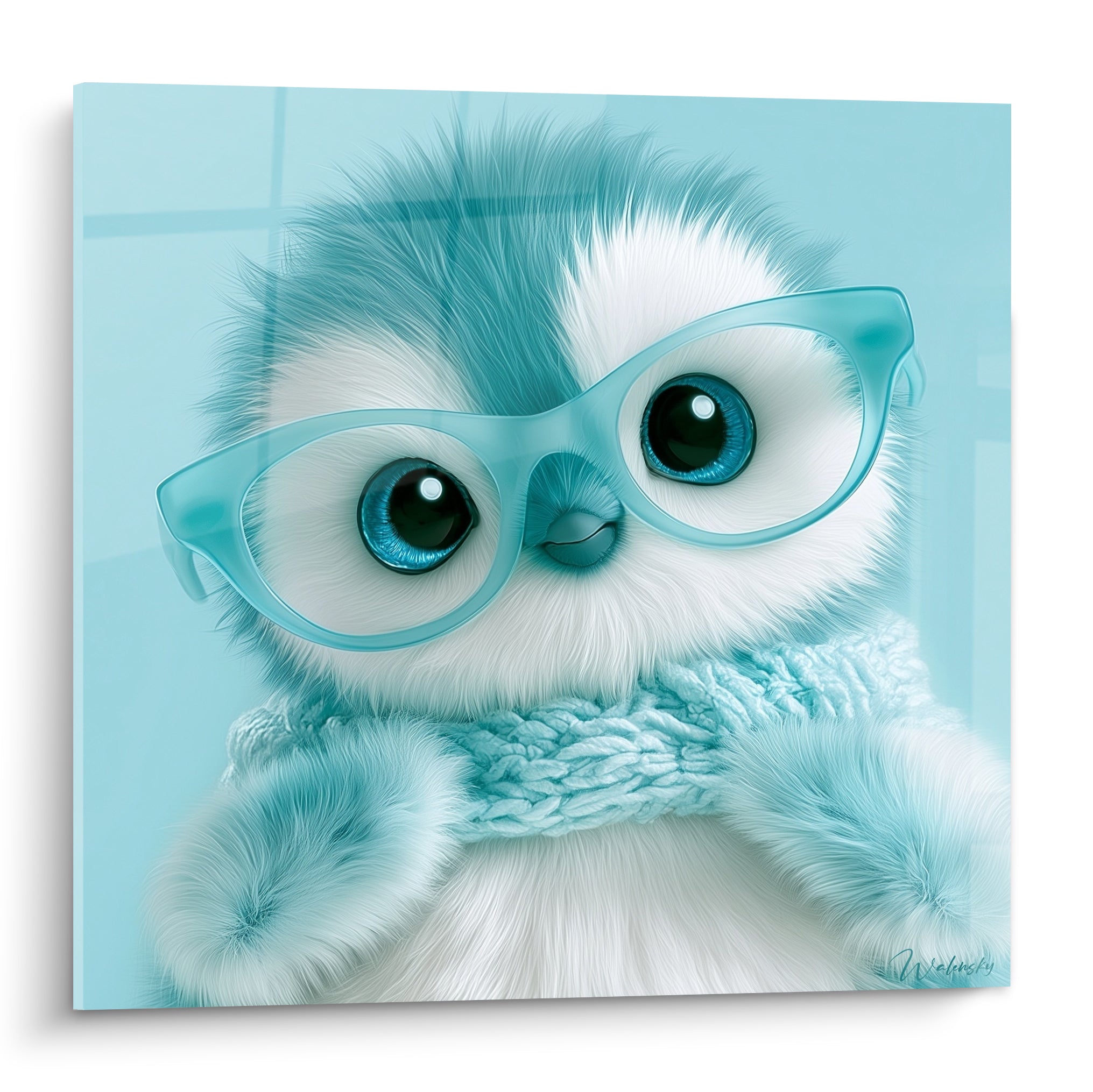 Pingouin turquoise et blanc à lunettes rondes, écharpe tricotée bleu pastel, plumage duveteux