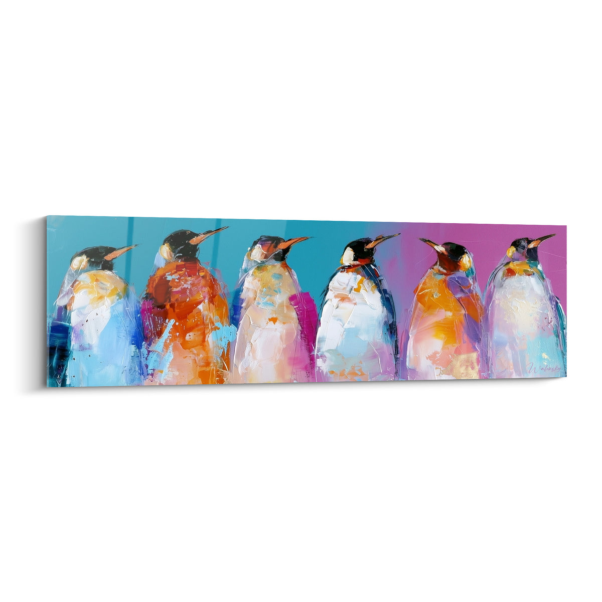 Six manchots royaux peints en camaïeu turquoise, orange et magenta aux empâtements marqués