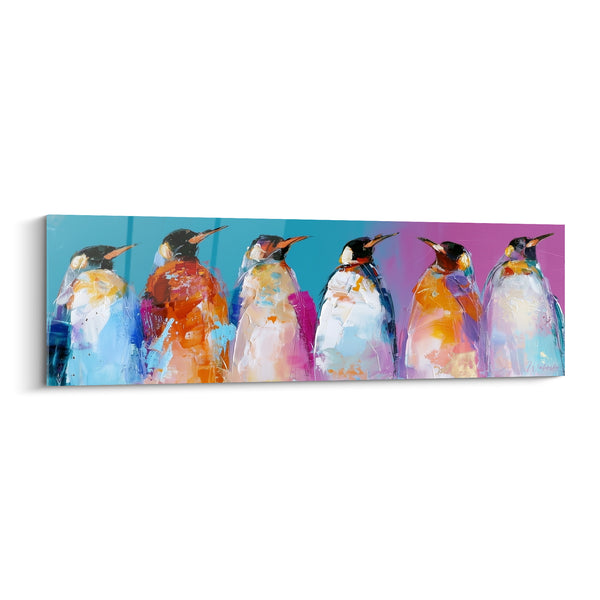 Tableau Six manchots aux teintes turquoise et magenta - Rassemblement coloré - Edition Pingouin