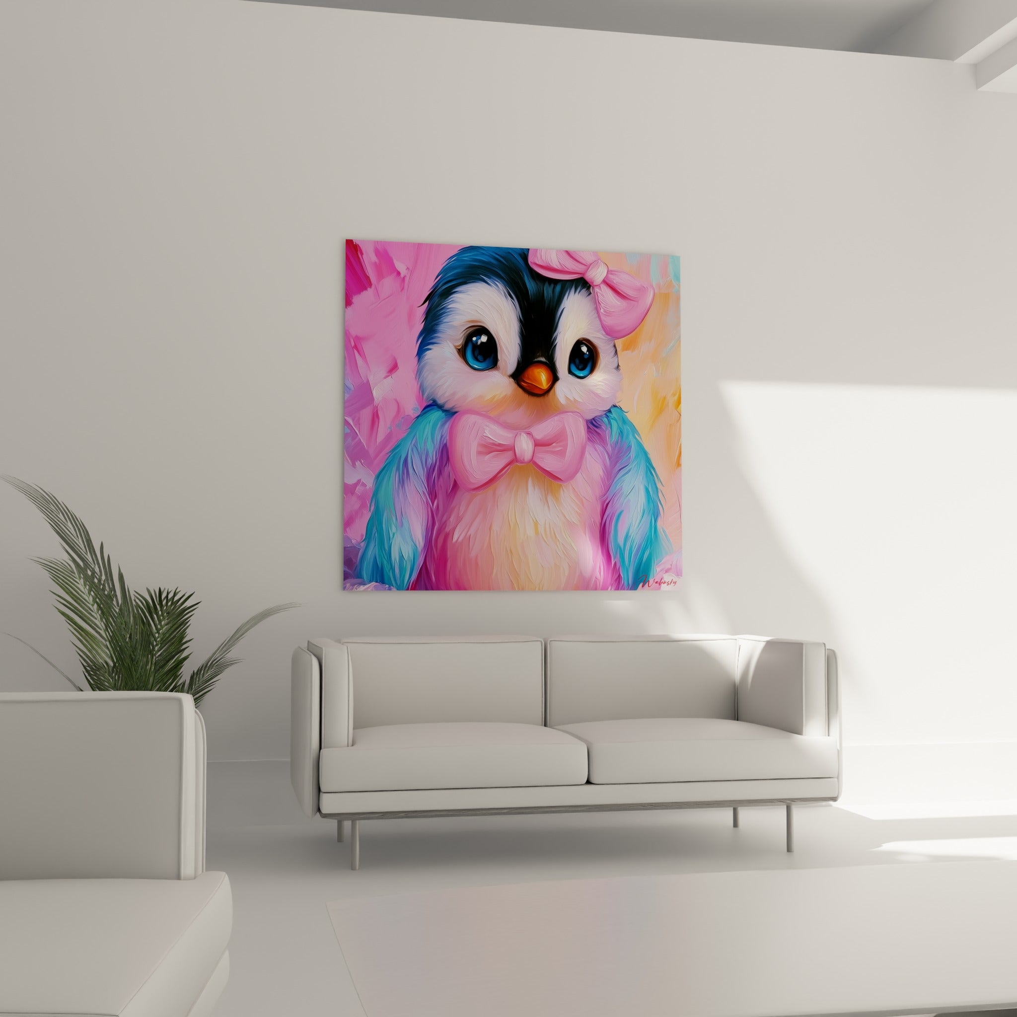 Portrait de pingouin attendrissant, nœud rose et regard bleu, au-dessus d'un canapé dans un salon lumineux