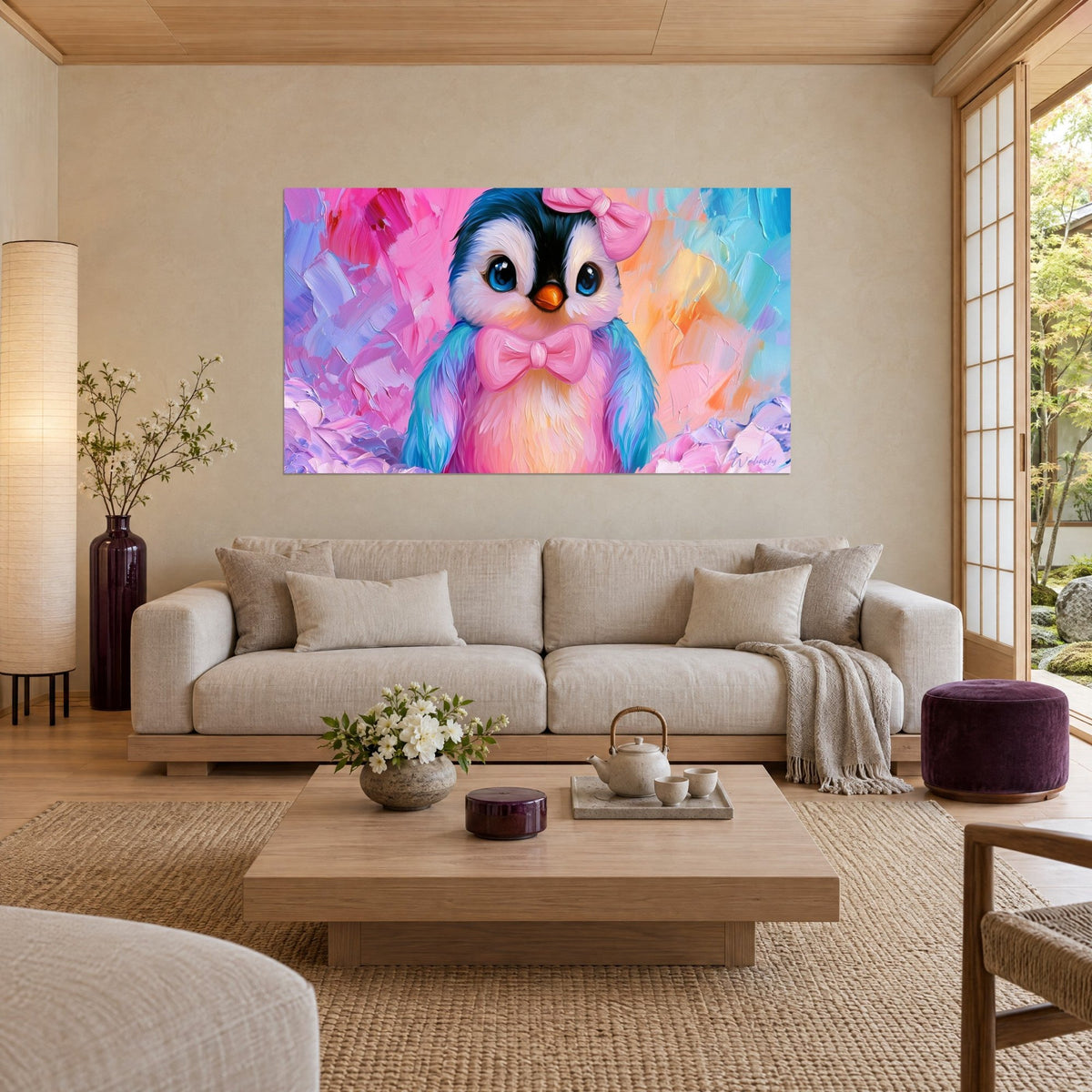 Tableau pingouin à nœud rose et plumes bleues, yeux azur, fond pastel peint au couteau, au-dessus d'un canapé dans un salon lumineux