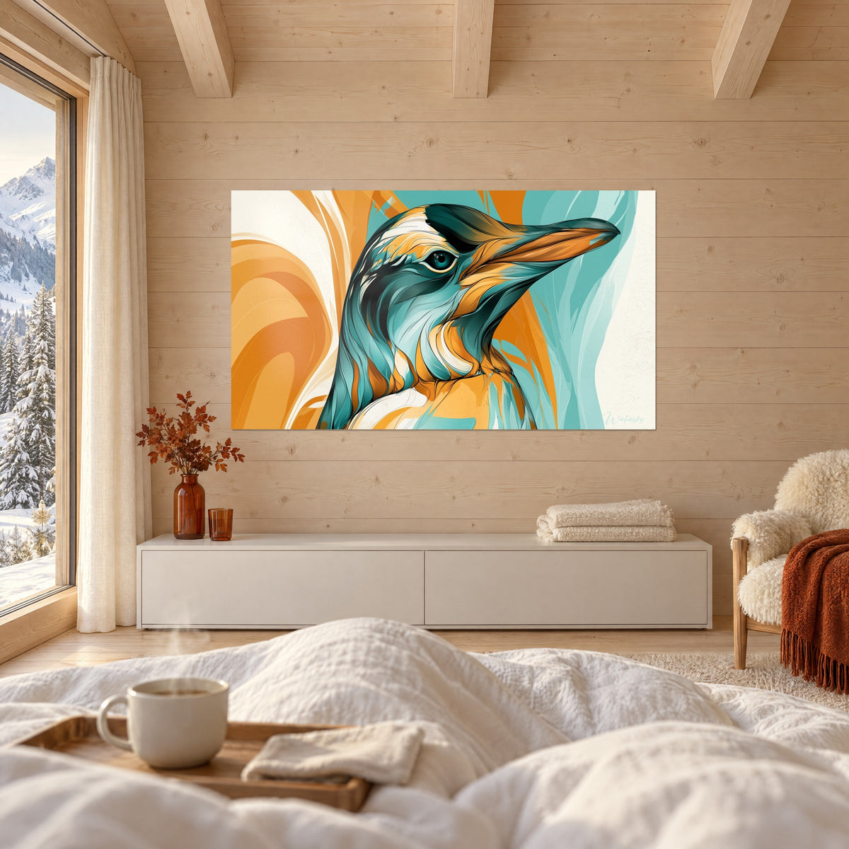 Wall art of a penguin portrait in flowing ochre and turquoise lines, cream background, hanging above a bed in a bright bedroom