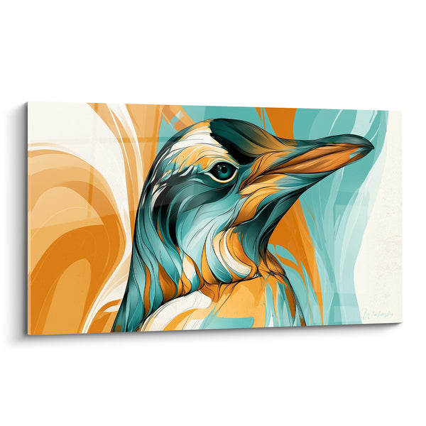 Tableau Pingouin turquoise et orange aux volutes - Souffle du large - Edition Pingouin