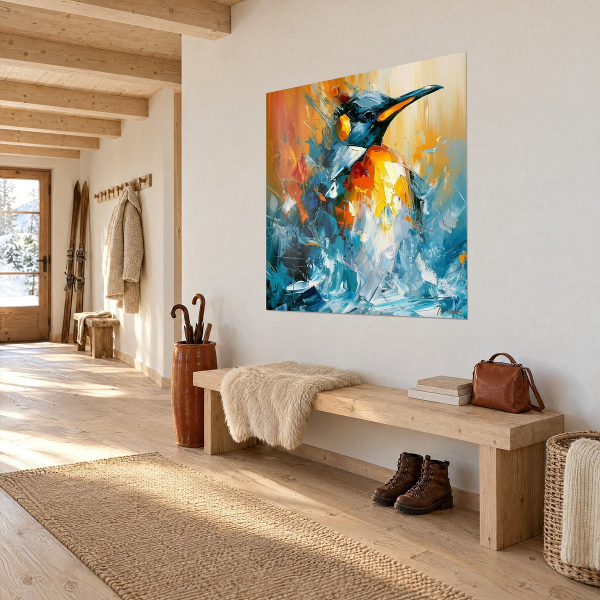 Gemälde eines Pinguins mit bernsteinfarbenem Schnabel und safrangelber Brust, pastos aufgetragene türkisfarbene Wellen, an einer weißen Wand im Chalet-Eingang