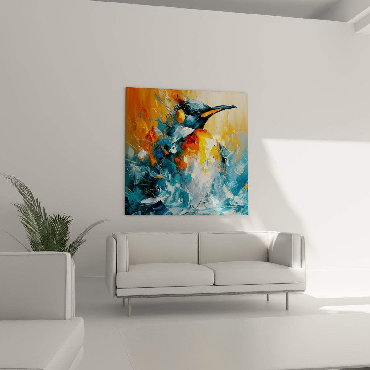 Silhouette animale bleu turquoise et poitrine orange vibrante, suspendue au-dessus d'un canapé dans un salon lumineux