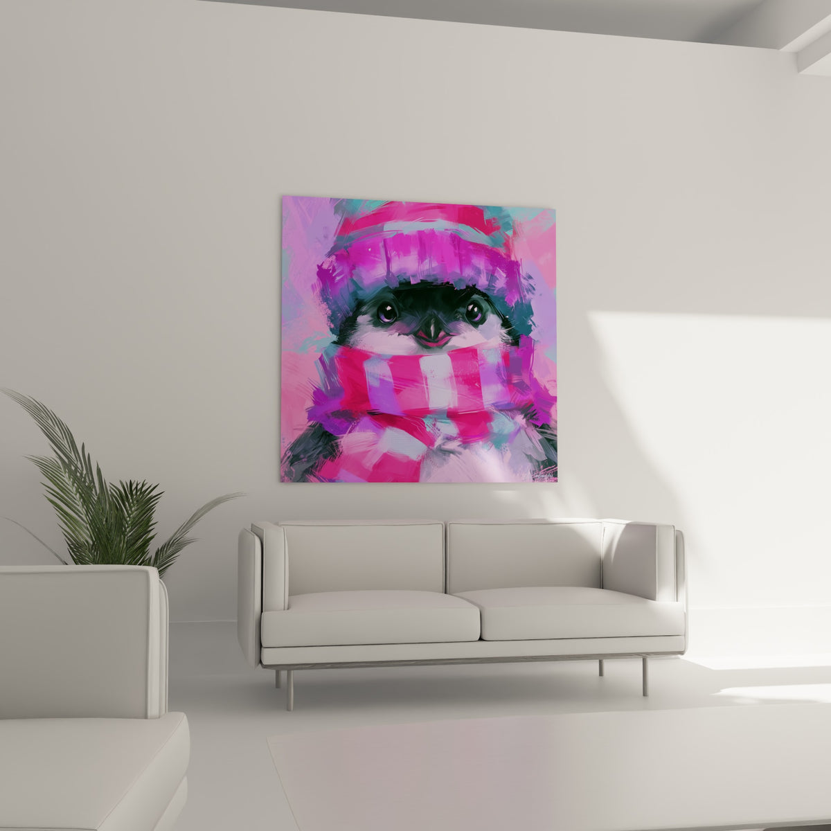 Museau attendrissant de pingouin dans des tons roses et turquoise, au-dessus d'un canapé dans un salon lumineux