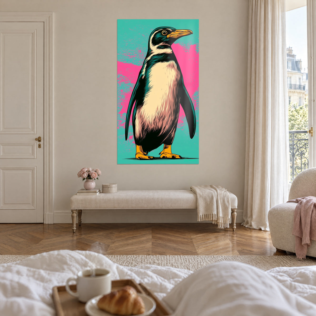 Tableau spheniscidé aux pattes jaunes et au torse crème, fond turquoise et rose éclaboussé, au-dessus d'un lit dans une chambre claire