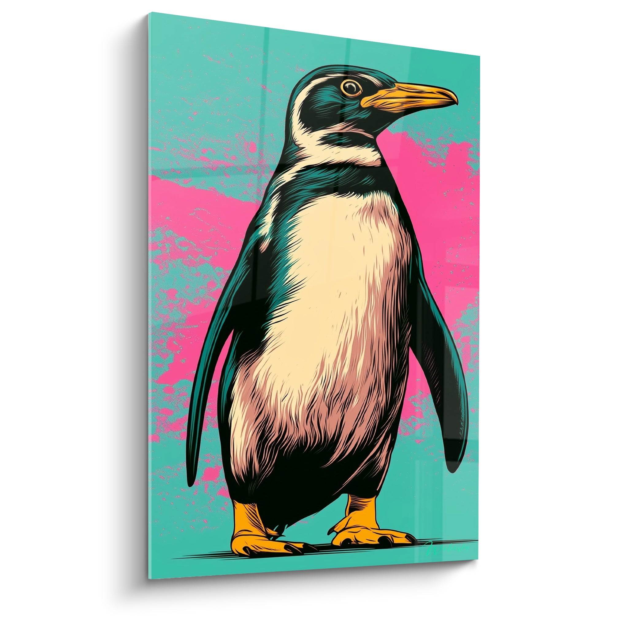 Pingouin de profil aux plumes noires, bec orangé, fond turquoise éclaboussé de rose fuchsia intense