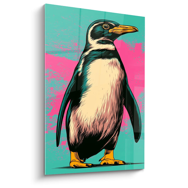 Tableau Pingouin turquoise et rose sur fond éclaboussé - Style bande dessinée - Edition Pingouin