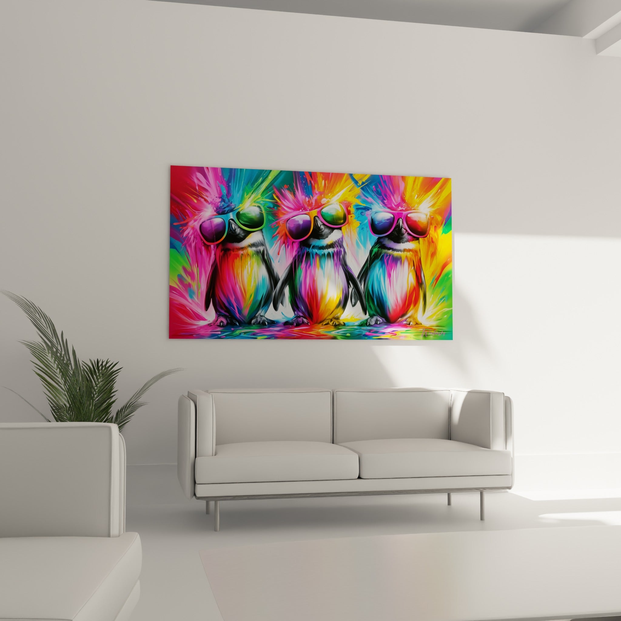 Trio de pingouins colorés en lunettes rose et turquoise placé au-dessus d'un canapé dans un salon lumineux