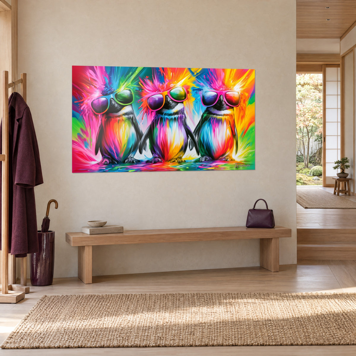 Tableau pingouins fiers en rang, ventres arc-en-ciel rouge et bleu, lunettes violettes et vertes, vue de trois-quarts japandi