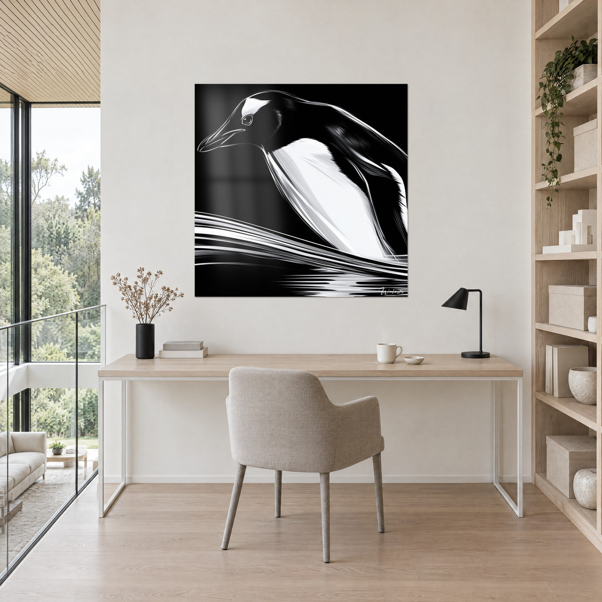 Tableau pingouin stylisé en lignes fluides noires et blanches, mur clair au-dessus d'un bureau en bois et d'une chaise grise