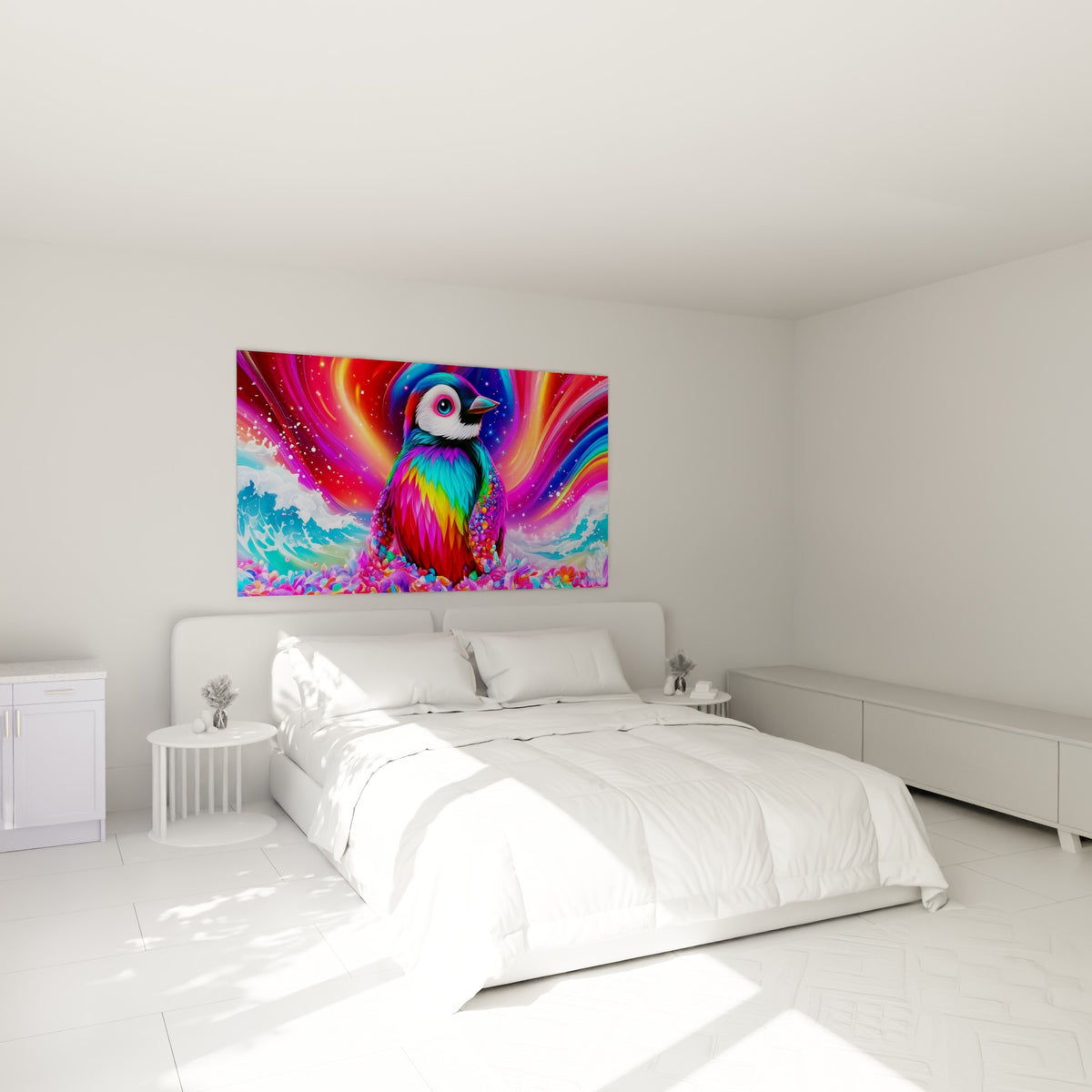 Créature marine multicolore aux teintes rouge et turquoise, accrochée au-dessus d'un lit dans une chambre claire