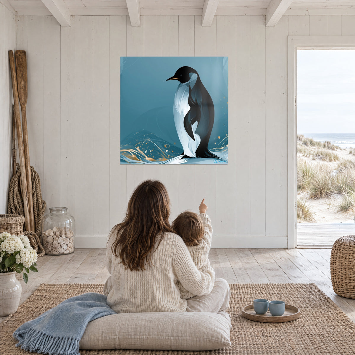 Tableau manchot noir et blanc debout sur des vagues dorées, fond bleu turquoise, contemplé par une mère et son enfant de dos