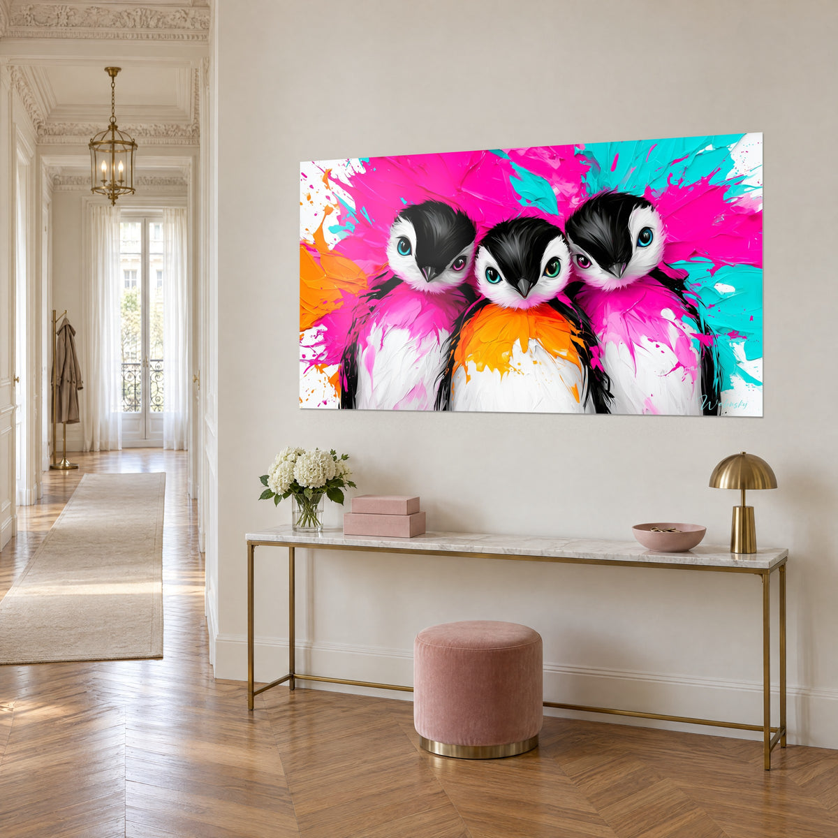Wall art three black-headed penguins with bright pink bib, cyan and orange impasto paint strokes, cream wall of a Haussmann-style hallway