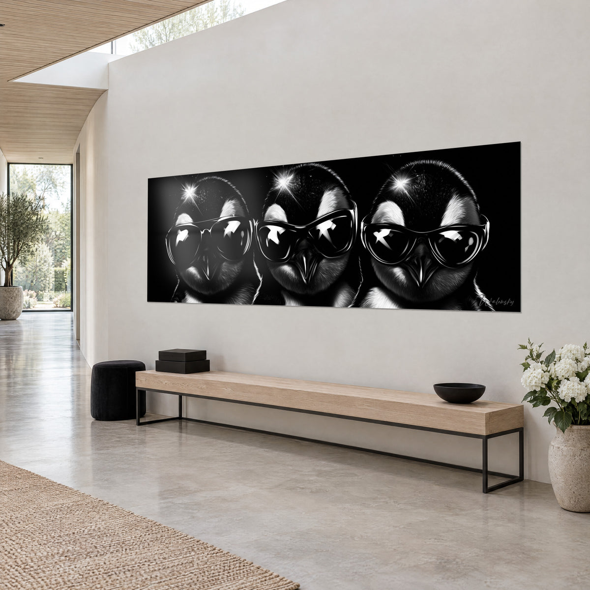Cuadro pandilla de pingüinos cómplices con miradas ocultas, reflejos plateados sobre fondo negro profundo, vista de tres cuartos, pared blanco roto