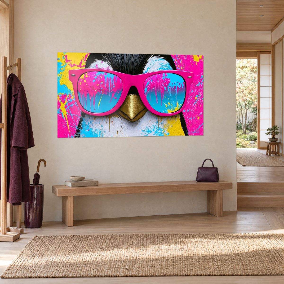 Quadro uccello polare con occhiali da sole rosa vivo, riflessi ciano che colano, sfondo giallo, vista a tre quarti accanto a una panchina