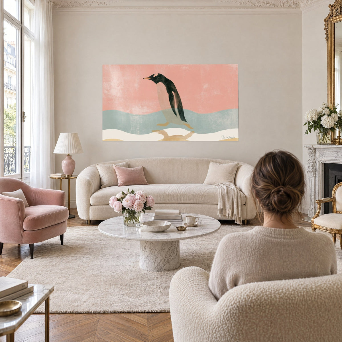 Tableau manchot glissant sur la banquise, ciel rose poudré et vagues vert sauge, au-dessus d'un canapé dans un salon lumineux