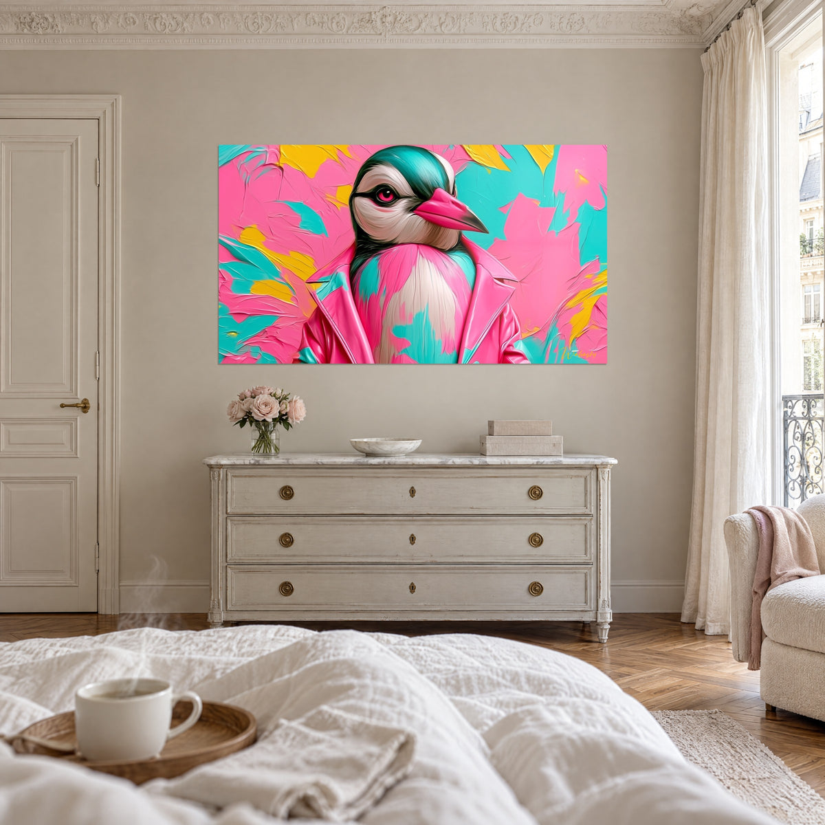 Tableau volatile à lunettes roses et casque turquoise, perfecto rose, fond jaune, au-dessus d'un lit dans une chambre claire