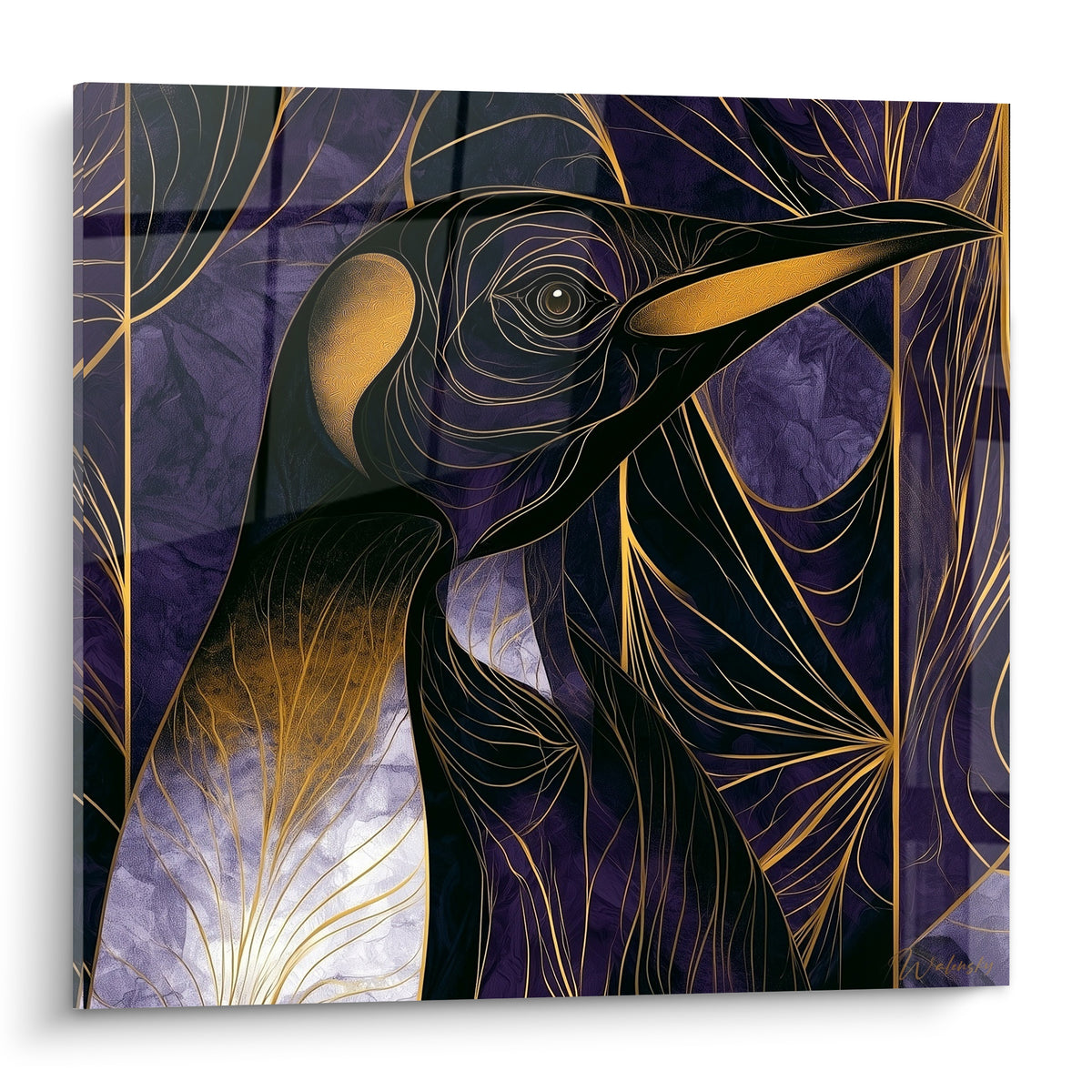 Pingouin en profil violet et doré, bec ocre lumineux, lignes graphiques fines sur fond marbré