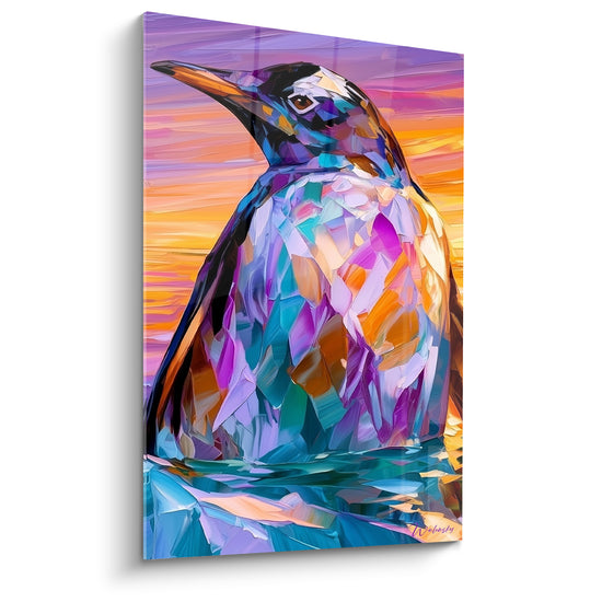 Pingouin violet et orange aux facettes cristallines, profil bec orangé sur ciel crépusculaire éclaté