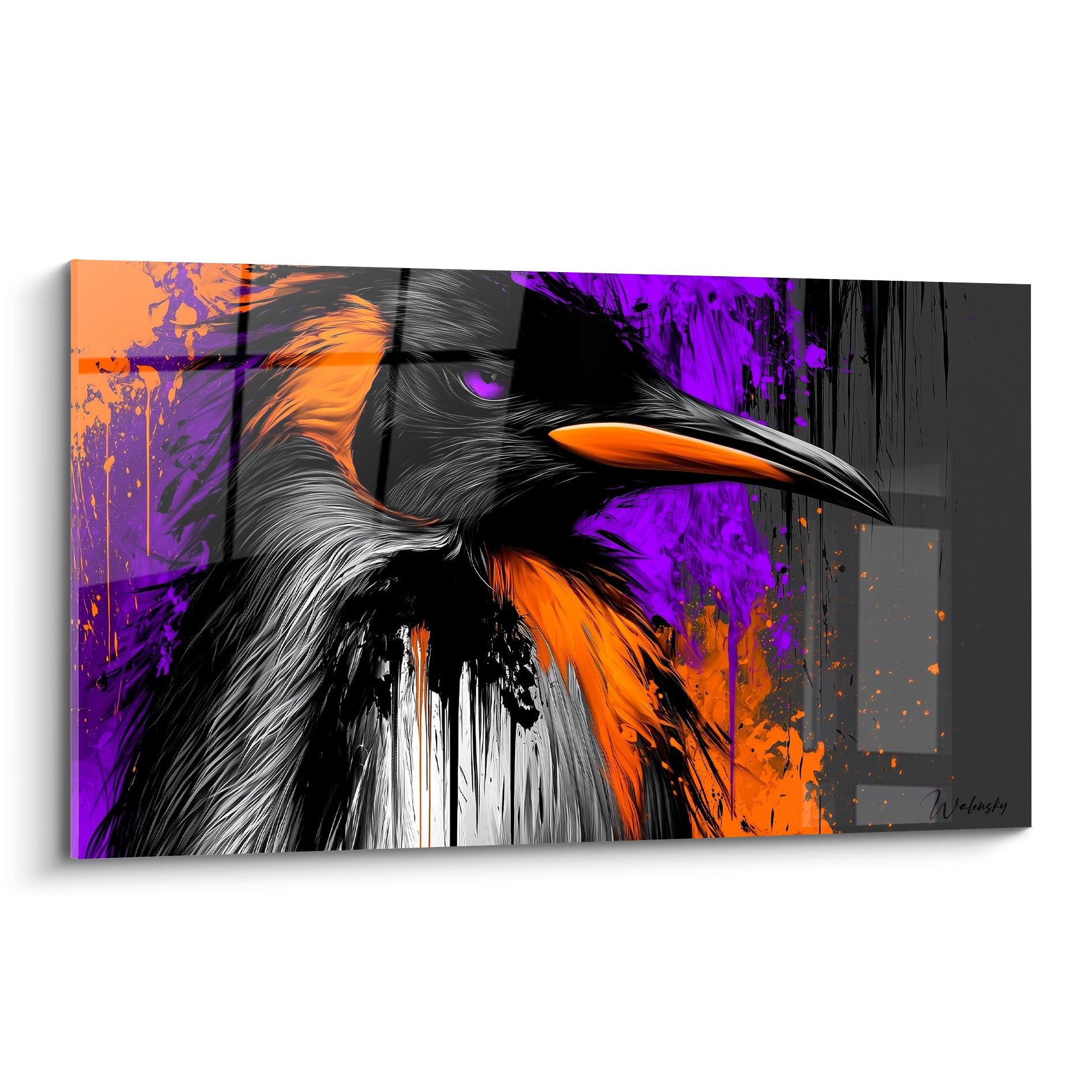 Pingouin au regard violet et bec orange vif, plumage noir et blanc éclaboussé de peinture