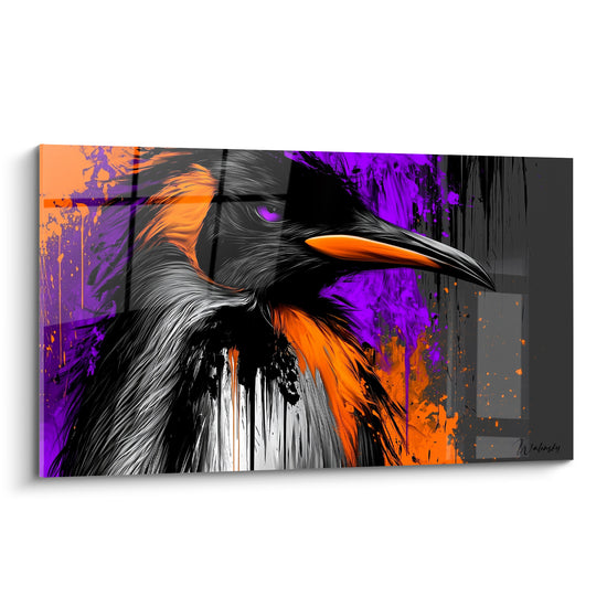 Pingouin au regard violet et bec orange vif, plumage noir et blanc éclaboussé de peinture