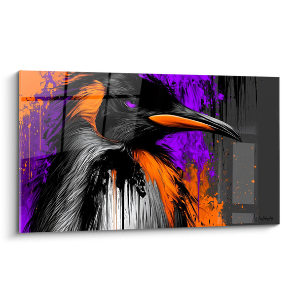 Tableau Pingouin noir et orange aux yeux violets - Éclaboussures encrées vibrantes - Edition Pingouin