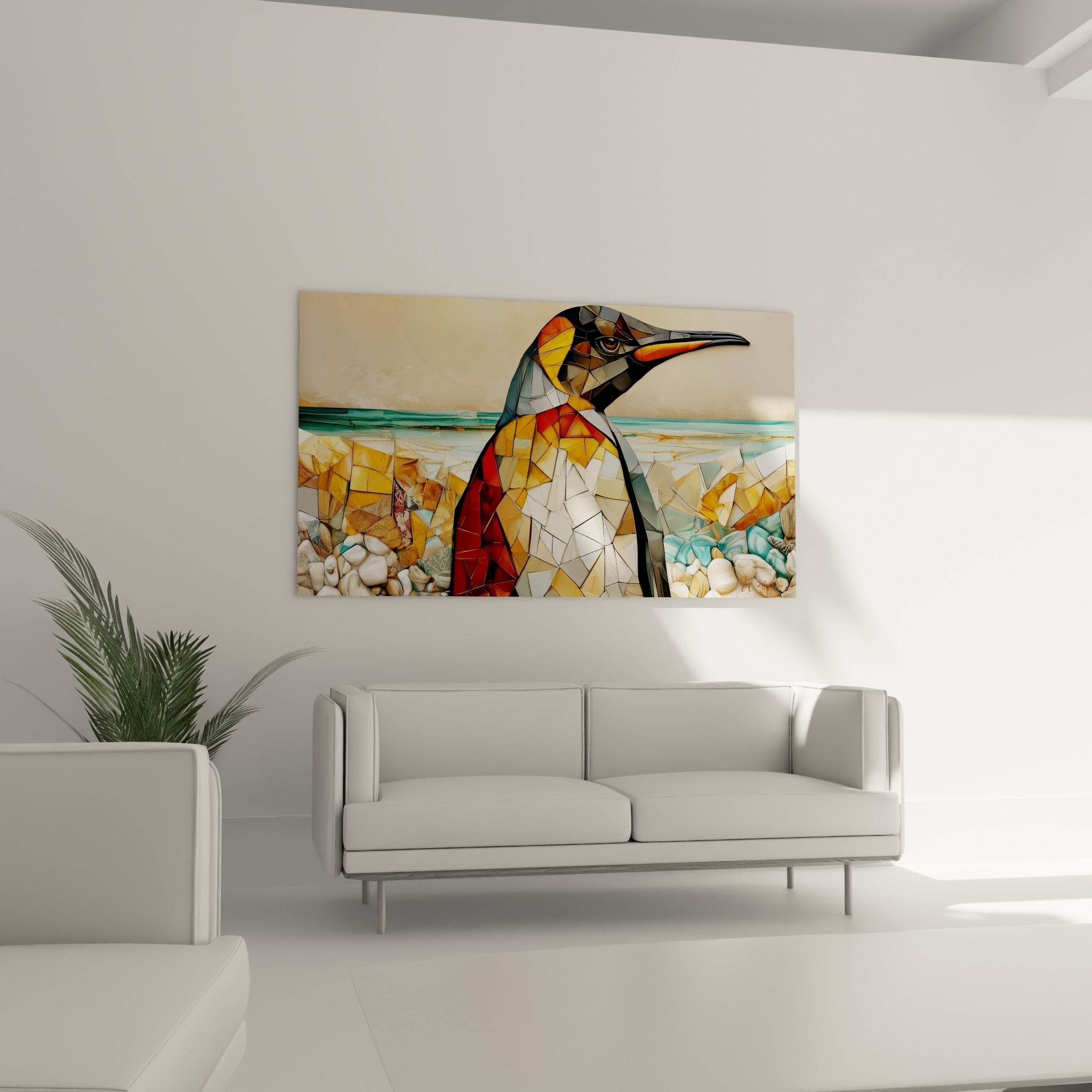 Profil de pingouin doré aux touches terracotta et anthracite, disposé au-dessus d'un canapé dans un salon lumineux