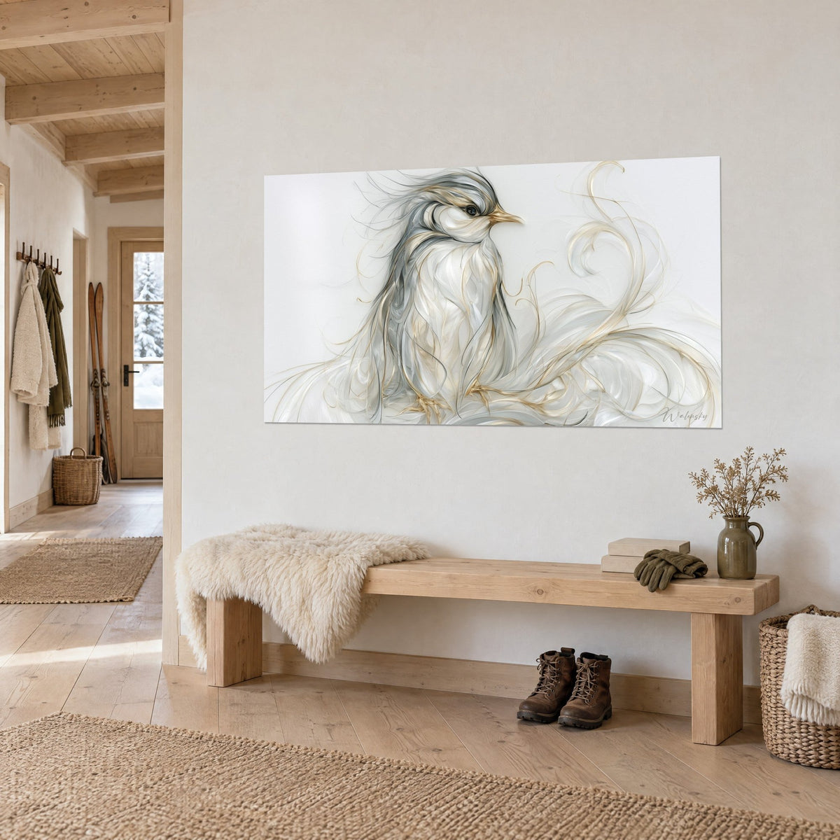 Gemälde stilisierter Pinguin aus perlgrauen und goldenen Filamenten, luftige Locken rechts, helles Holz über einer Eingangsbank