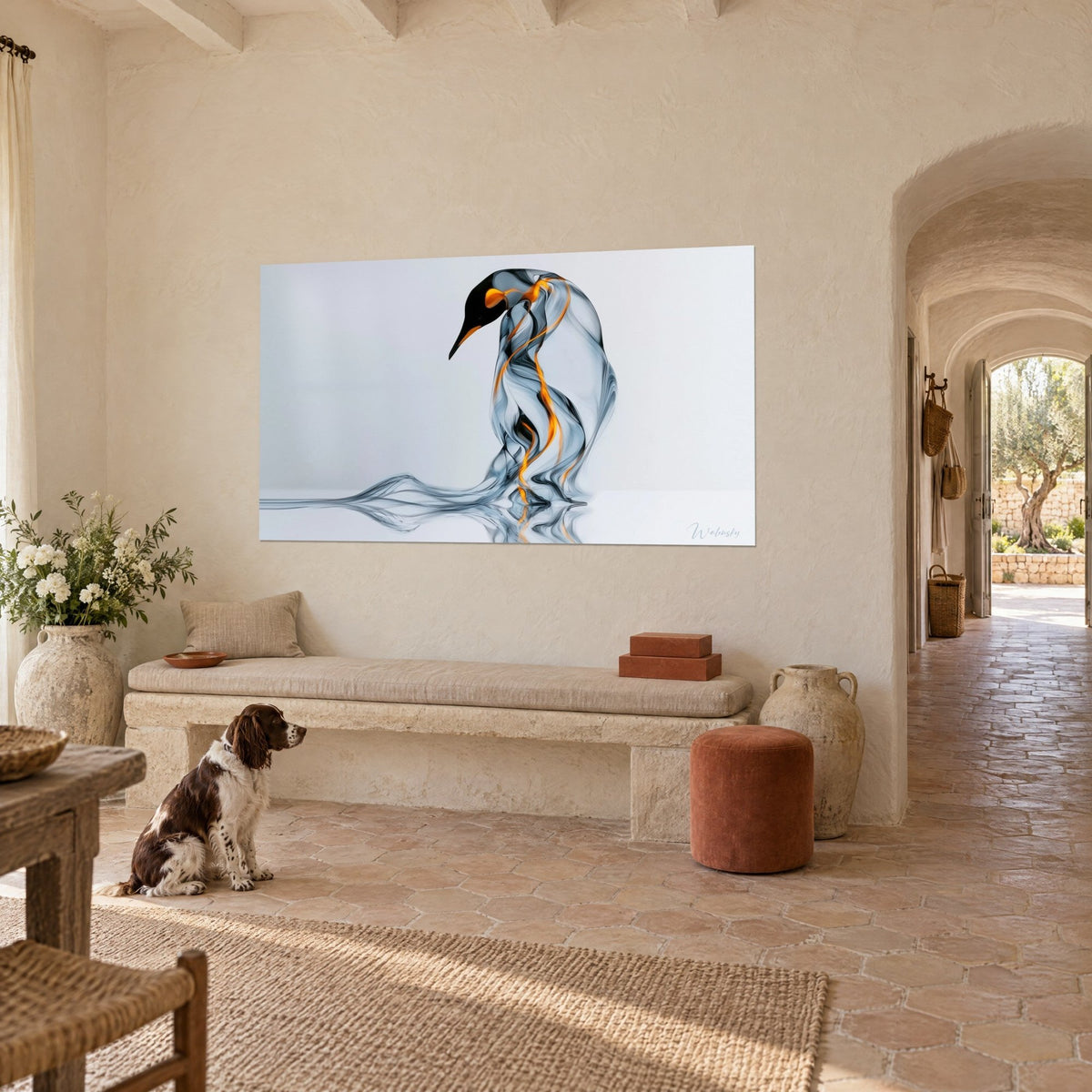 Wall art polar bird in blue-grey smoke veined with orange, fluid trail on a light floor, Provençal farmhouse, spaniel at its feet