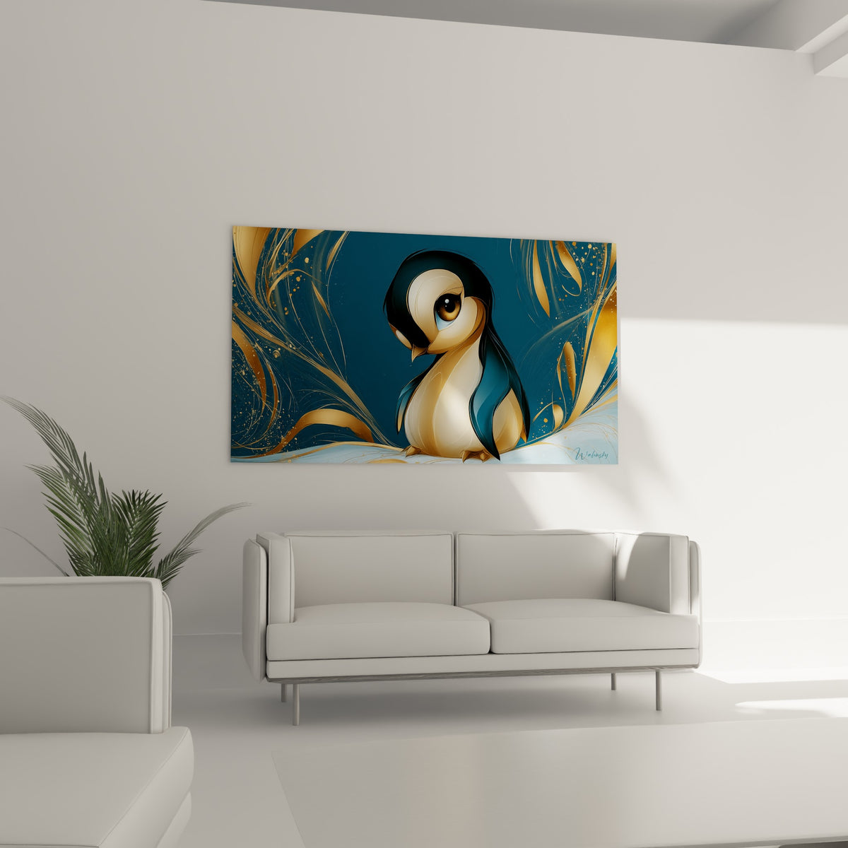 Silhouette de pingouin bleu marine cerclée d'arabesques dorées, suspendue au-dessus d'un canapé dans un salon lumineux