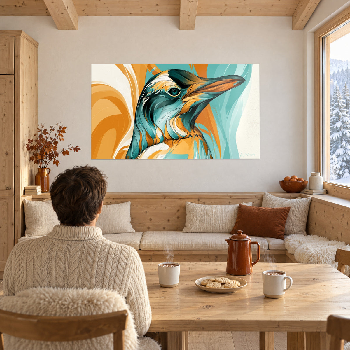 Wall art of a stylized penguin head, tapered orange beak, turquoise blue and white swirls, on the wall of a wooden chalet-style lounge