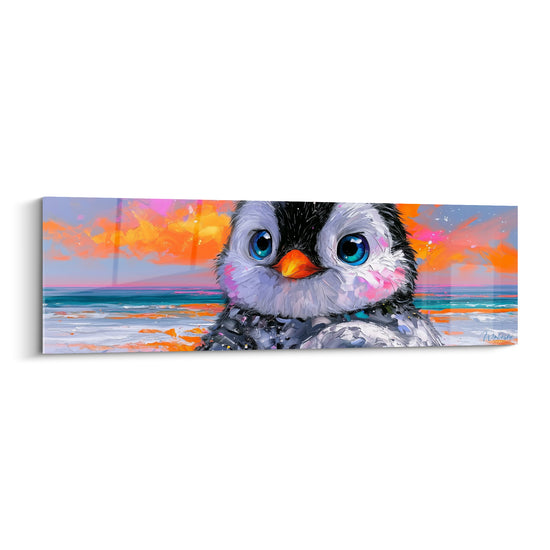 Pingouin aux yeux bleus intenses peint dans un style expressionniste, ciel orangé et rose flamboyant en fond